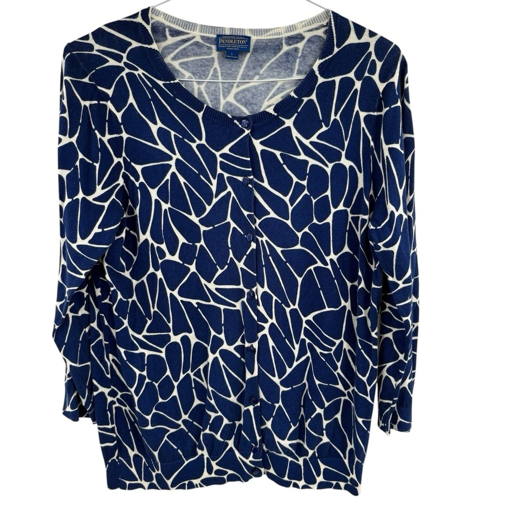 Pendleton Womens Sweater‎ Cardigan Cotton Knit Button Up Blue White Long Sleeve